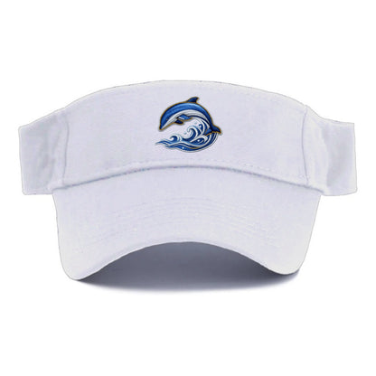 Embroidered patch design - SWIMMING DOLPHIN - diving dolphin with waves in blue and silver - Visor - White