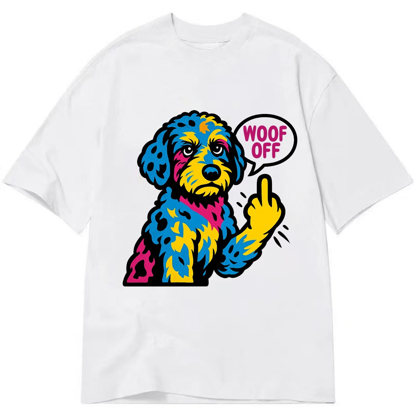 Aussiedoodle with merle patches and curly coat, playful smart paw raised - Classic T-shirt - White
