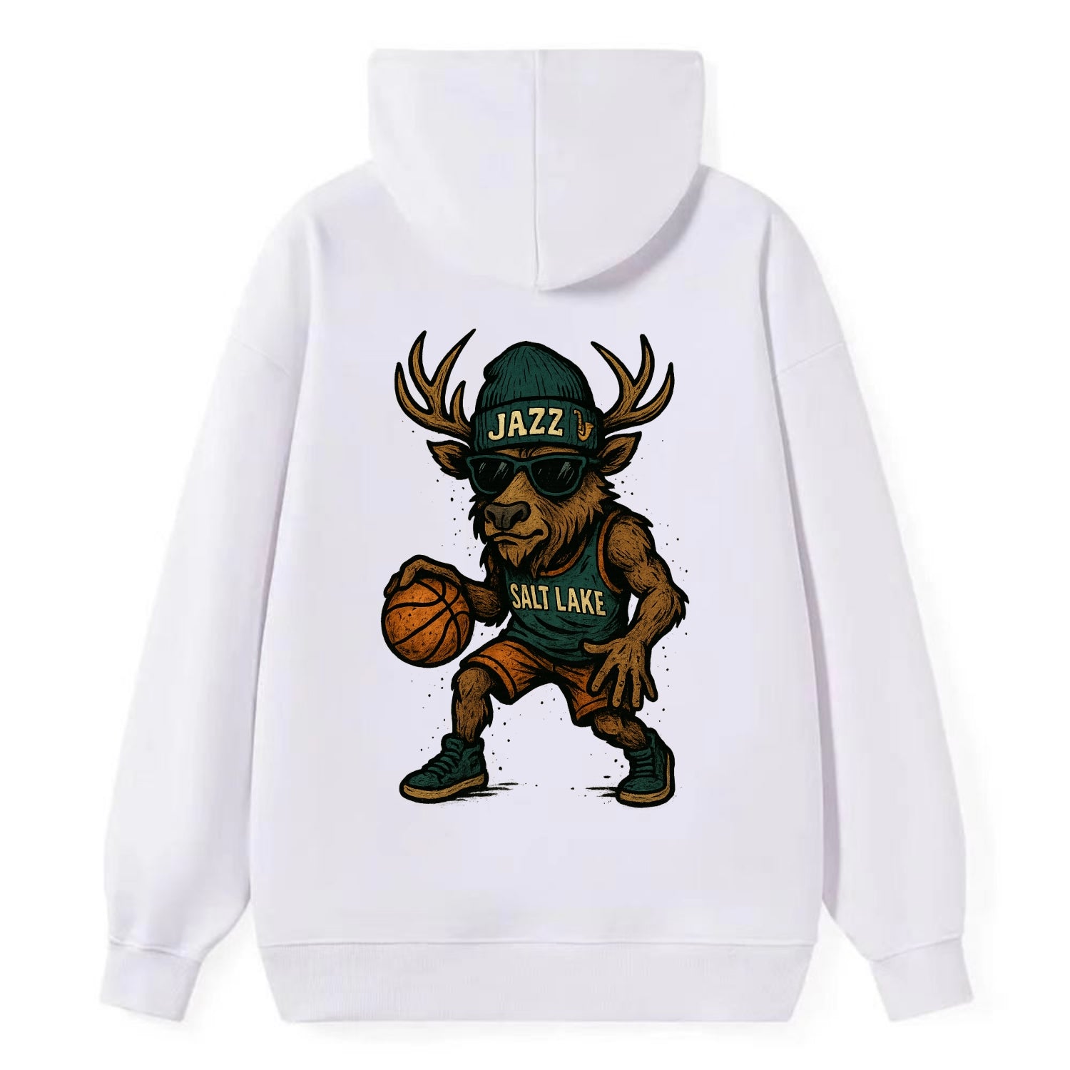 Salt Lake Elk wearing Jazz beanie with saxophone patch and wayfarer - Classic Pullover Hoodie - White