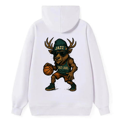 Salt Lake Elk wearing Jazz beanie with saxophone patch and wayfarer - Classic Pullover Hoodie - White