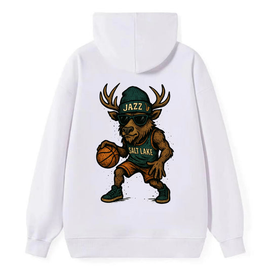 Salt Lake Elk wearing Jazz beanie with saxophone patch and wayfarer - Classic Pullover Hoodie - White