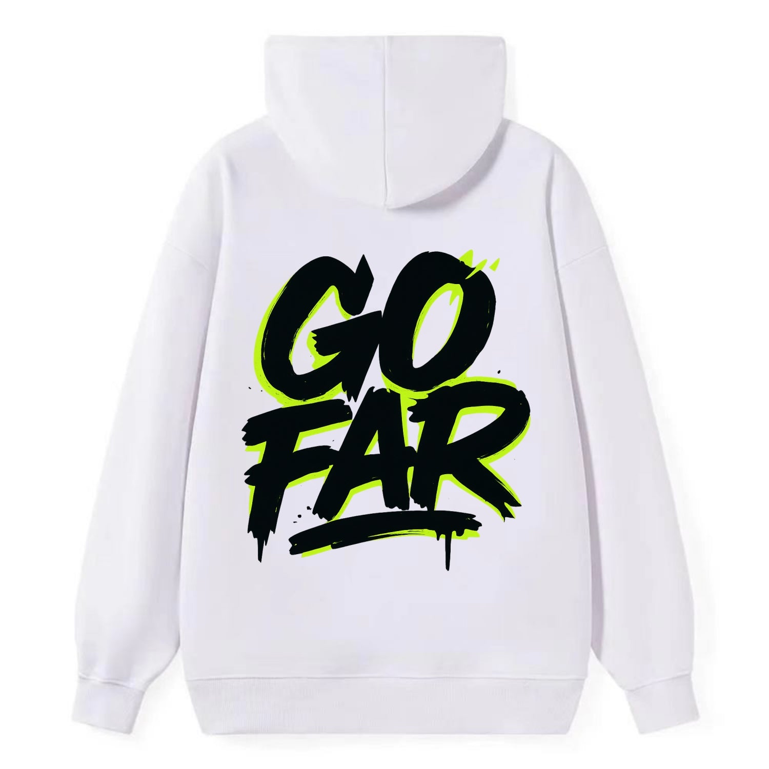 Bold typography design - "GO FAR" - distance goals, pushing limits - Classic Pullover Hoodie - White