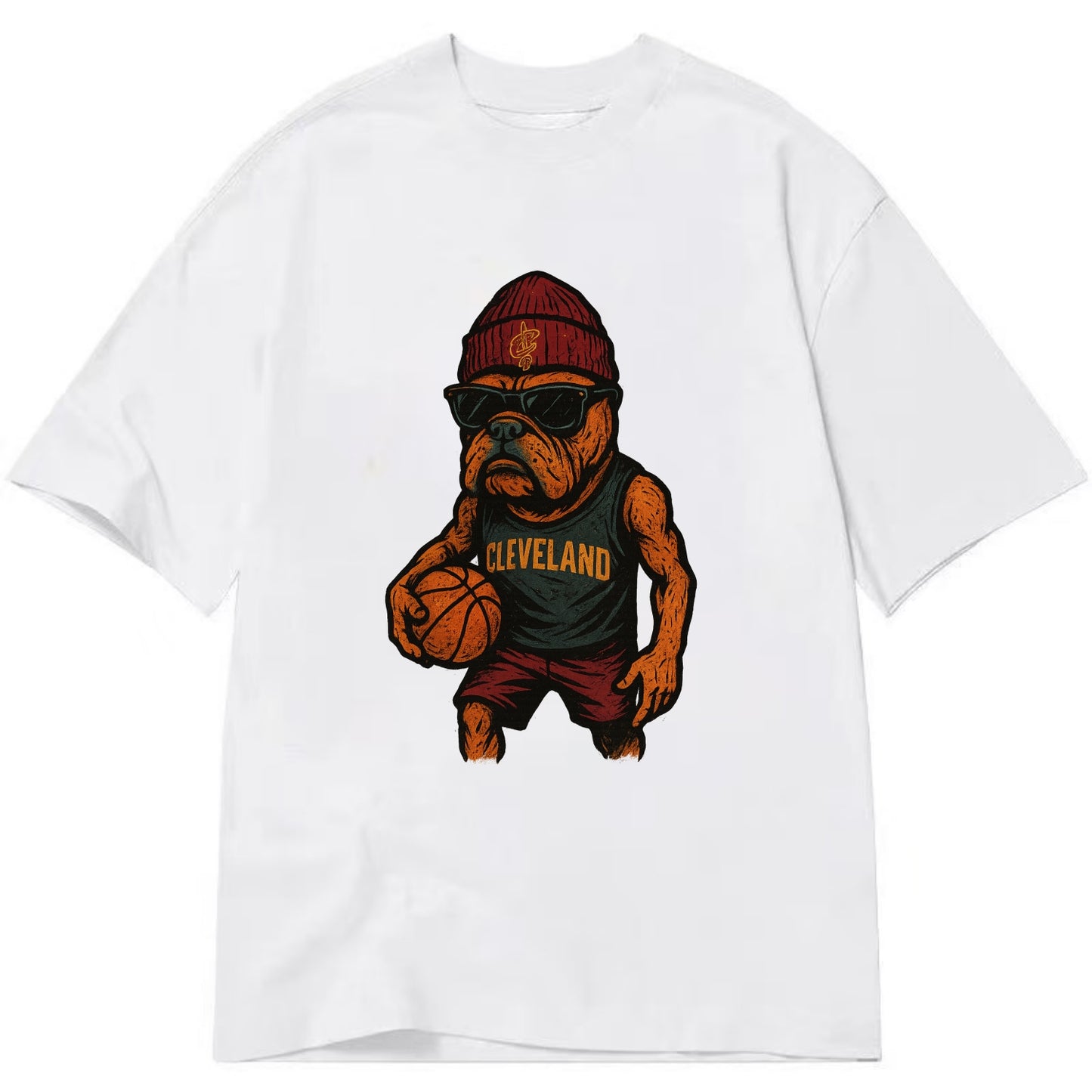 Cleveland Bulldog wearing Cavaliers wine and gold beanie with sword patch and - Classic T-shirt - White