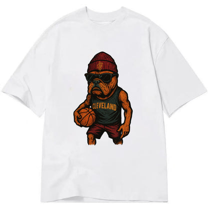 Cleveland Bulldog wearing Cavaliers wine and gold beanie with sword patch and - Classic T-shirt - White