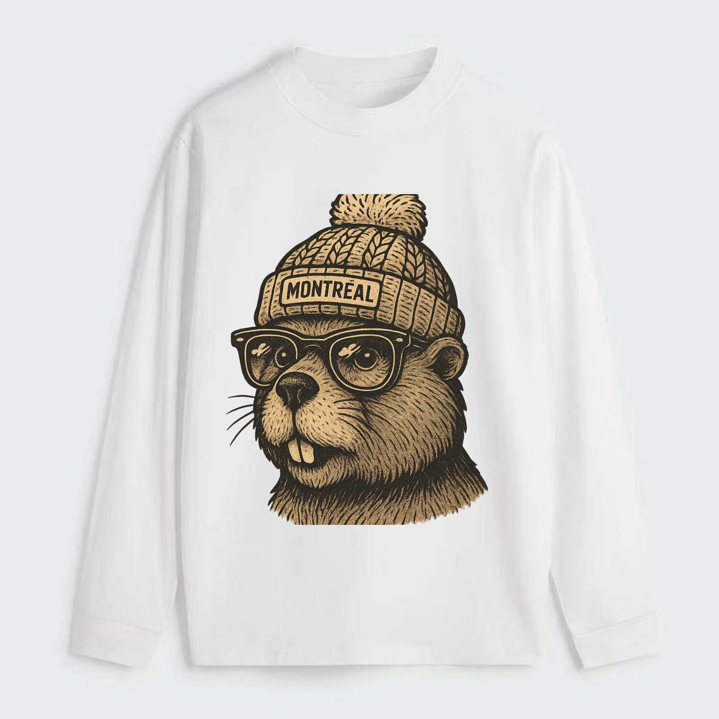 Montreal Beaver wearing Montreal beanie with pom pom and wayfarer - Classic Long Sleeve Shirt - White