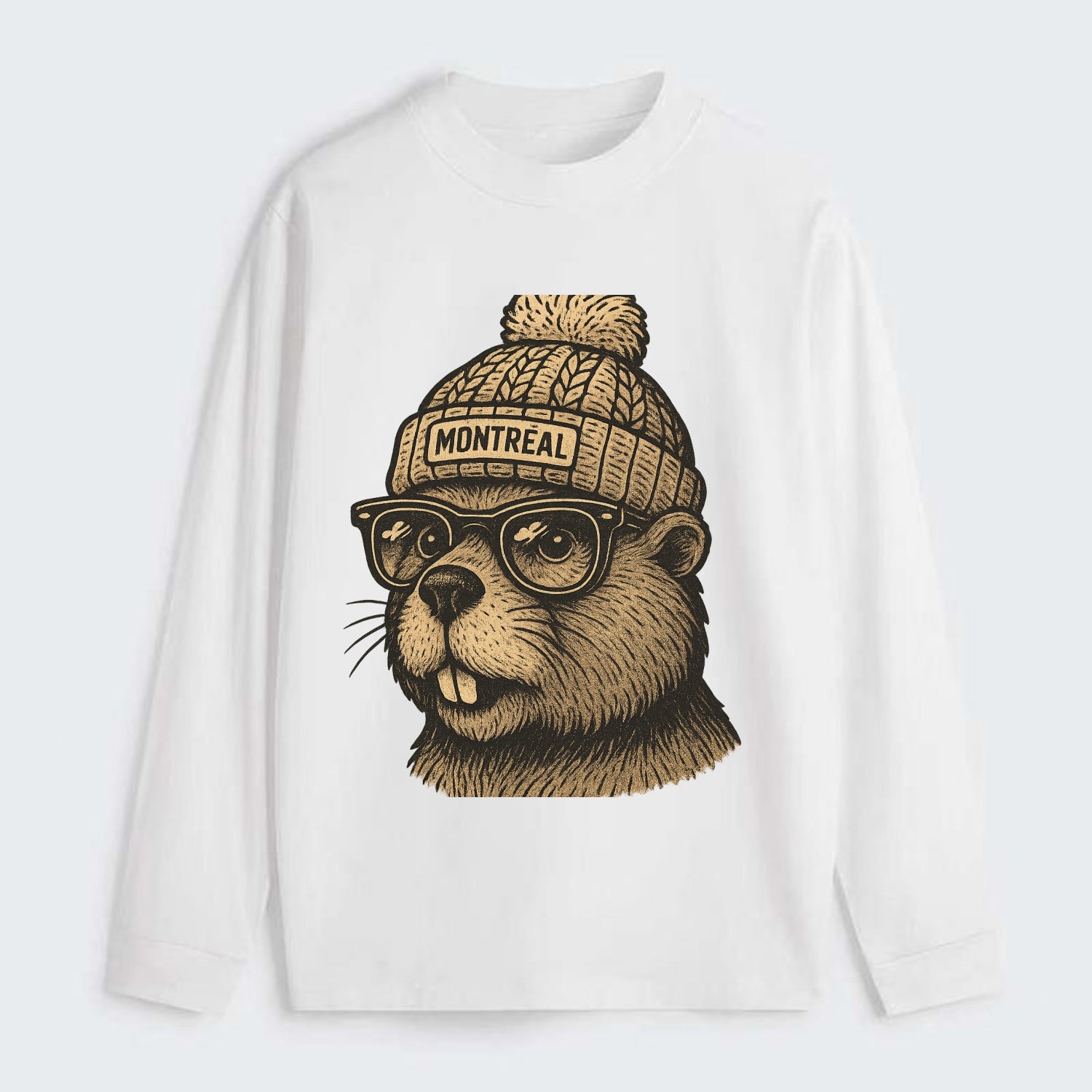 Montreal Beaver wearing Montreal beanie with pom pom and wayfarer - Classic Long Sleeve Shirt - White