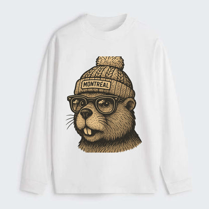 Montreal Beaver wearing Montreal beanie with pom pom and wayfarer - Classic Long Sleeve Shirt - White