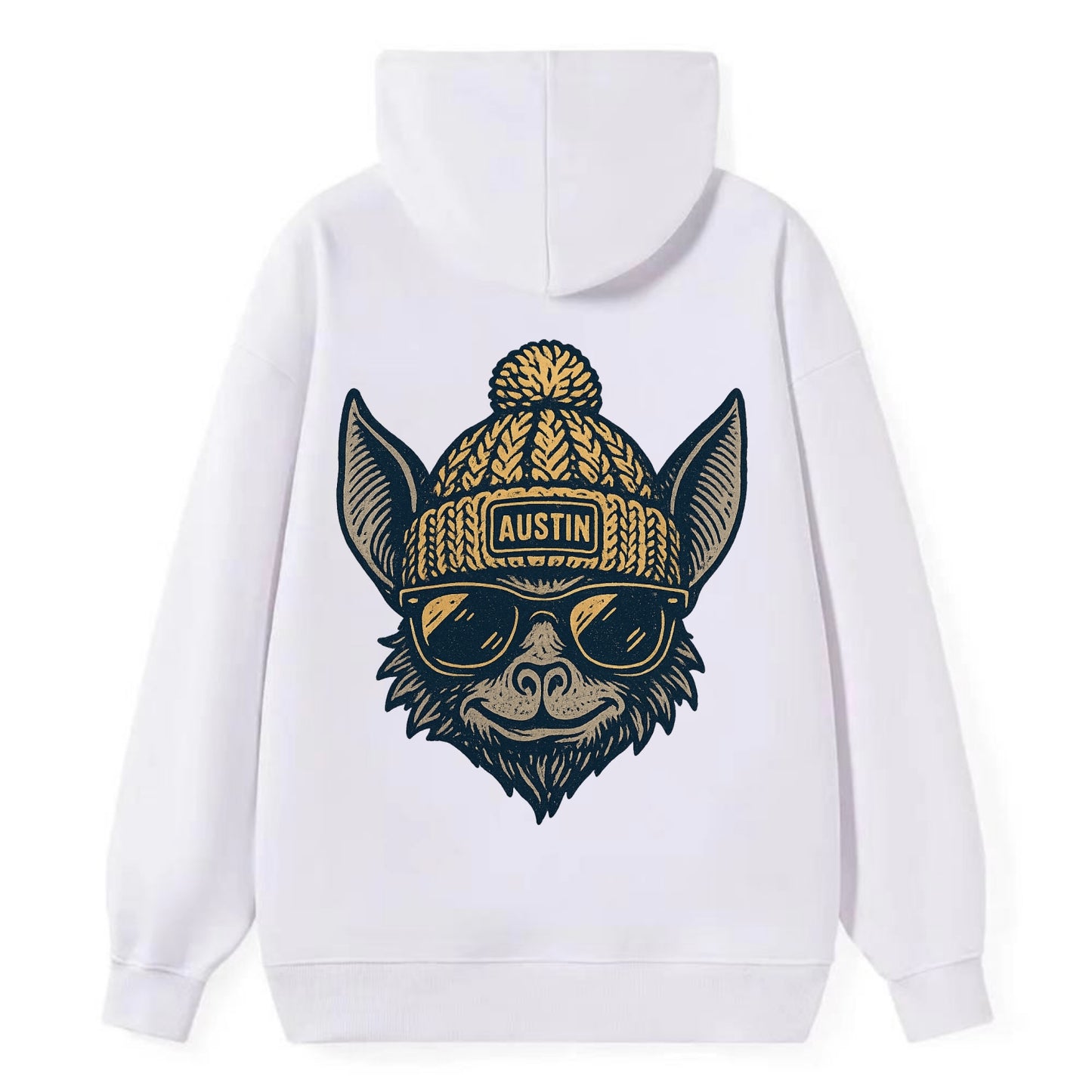 Austin Bat wearing Austin beanie with pom pom and wayfarer sunglasses - Classic Pullover Hoodie - White