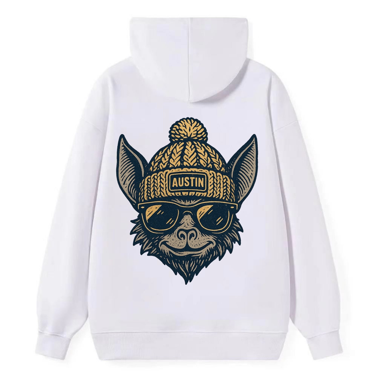 Austin Bat wearing Austin beanie with pom pom and wayfarer sunglasses - Classic Pullover Hoodie - White