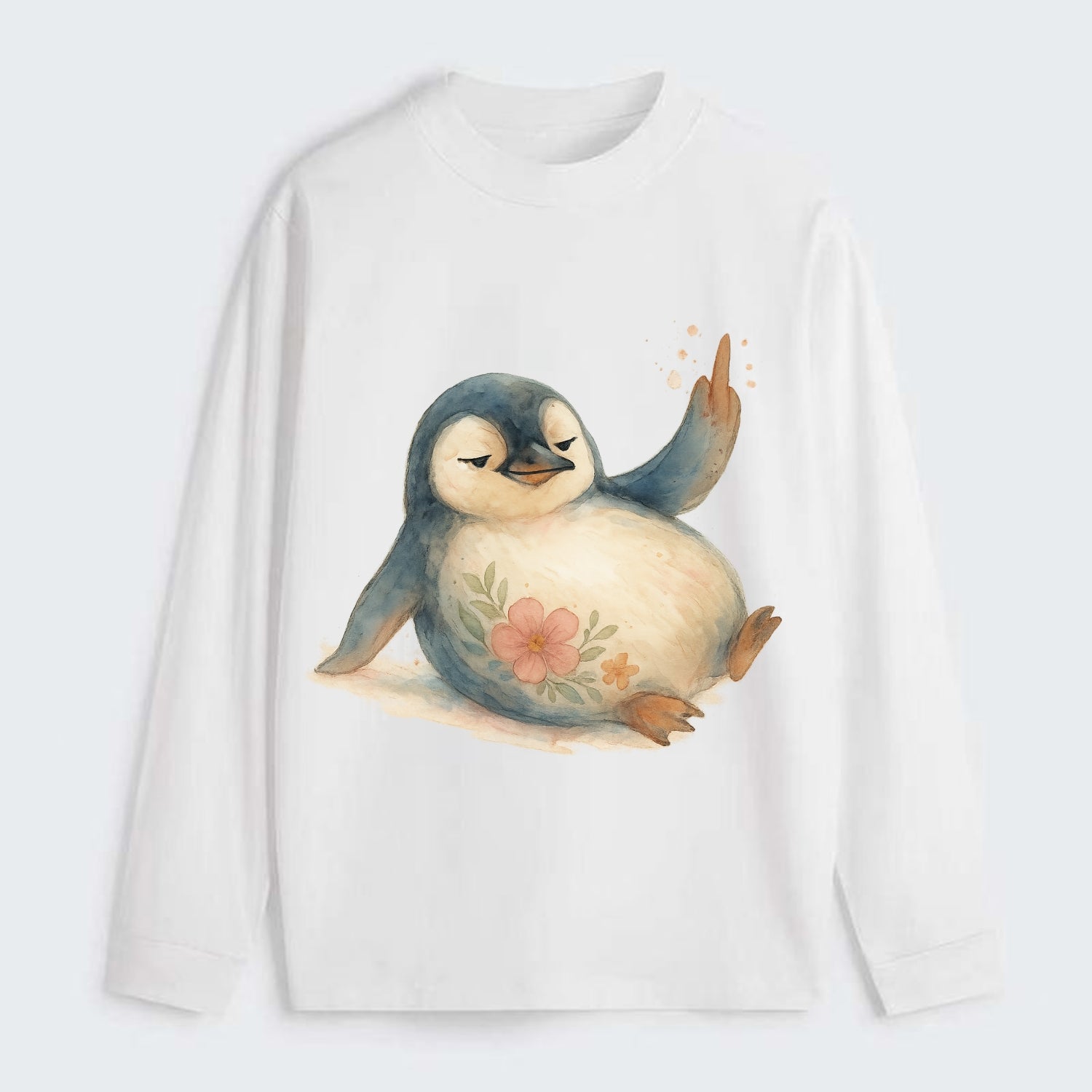 chubby penguin sliding on belly, one flipper up giving attitude - Classic Long Sleeve Shirt - White