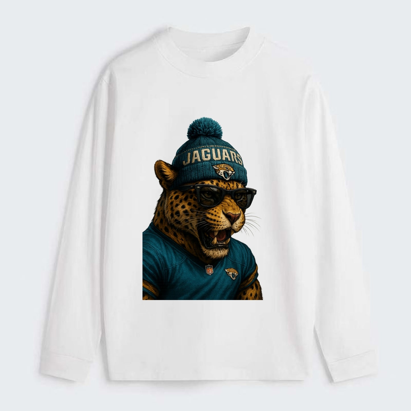 Jacksonville Jaguar wearing Jaguars teal and gold beanie with pom pom - Classic Long Sleeve Shirt - White