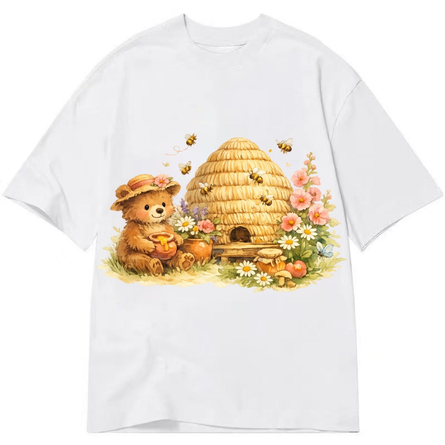 SKEP HIVE | Traditional straw beehive | Cottage garden setting | Buzzing activity - Classic T-shirt - White
