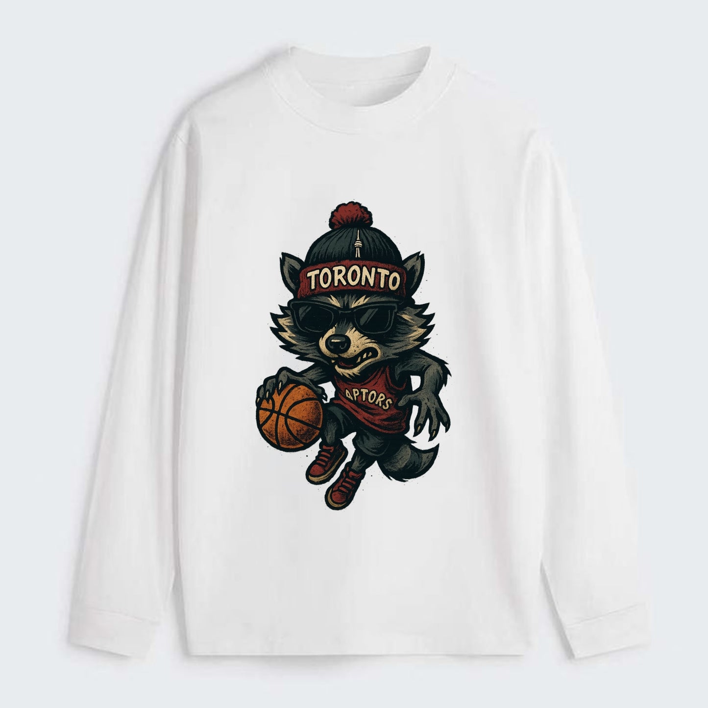 Toronto Raccoon wearing Raptors beanie with CN Tower patch and wayfarer - Classic Long Sleeve Shirt - White