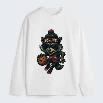 Toronto Raccoon wearing Raptors beanie with CN Tower patch and wayfarer - Classic Long Sleeve Shirt - White