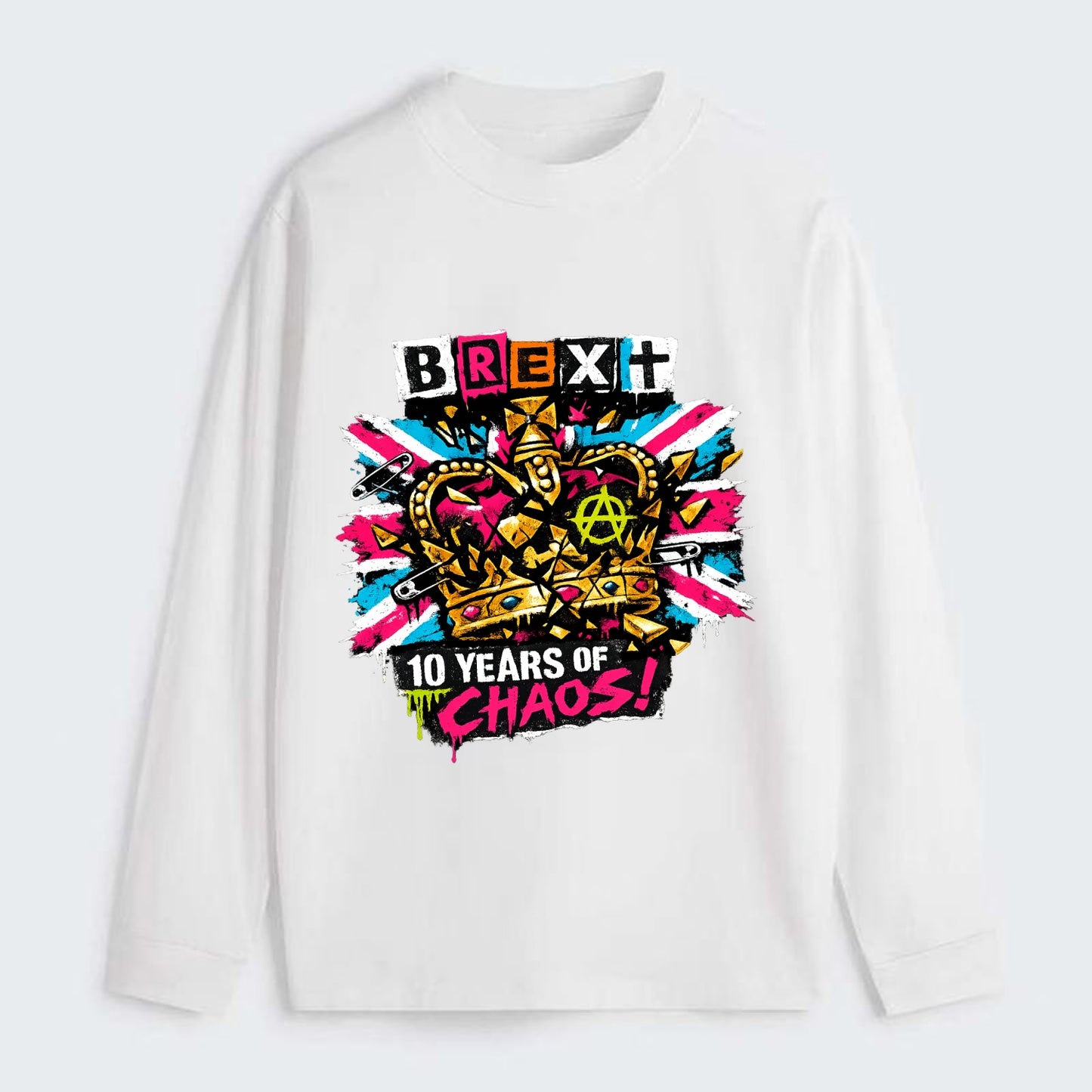BROKEN CROWN | Shattered British crown | Gold fragments scattered | - Classic Long Sleeve Shirt - White