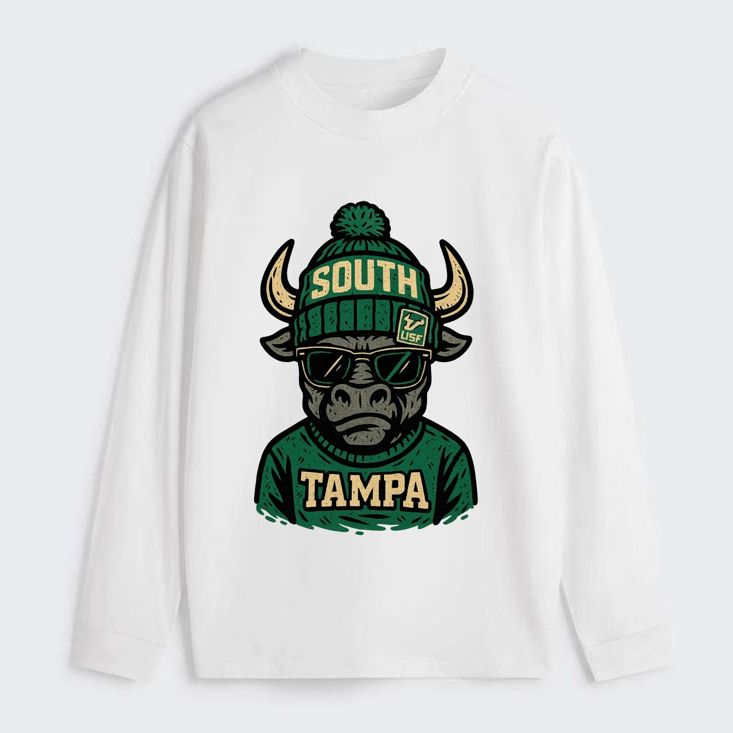 Tampa Bull wearing South Florida beanie with USF patch - Classic Long Sleeve Shirt - White