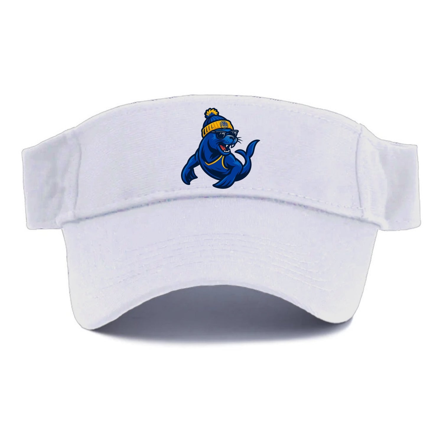 Bay Area Sea Lion wearing Warriors blue and gold beanie with Golden Gate and wayfarer - Visor - White