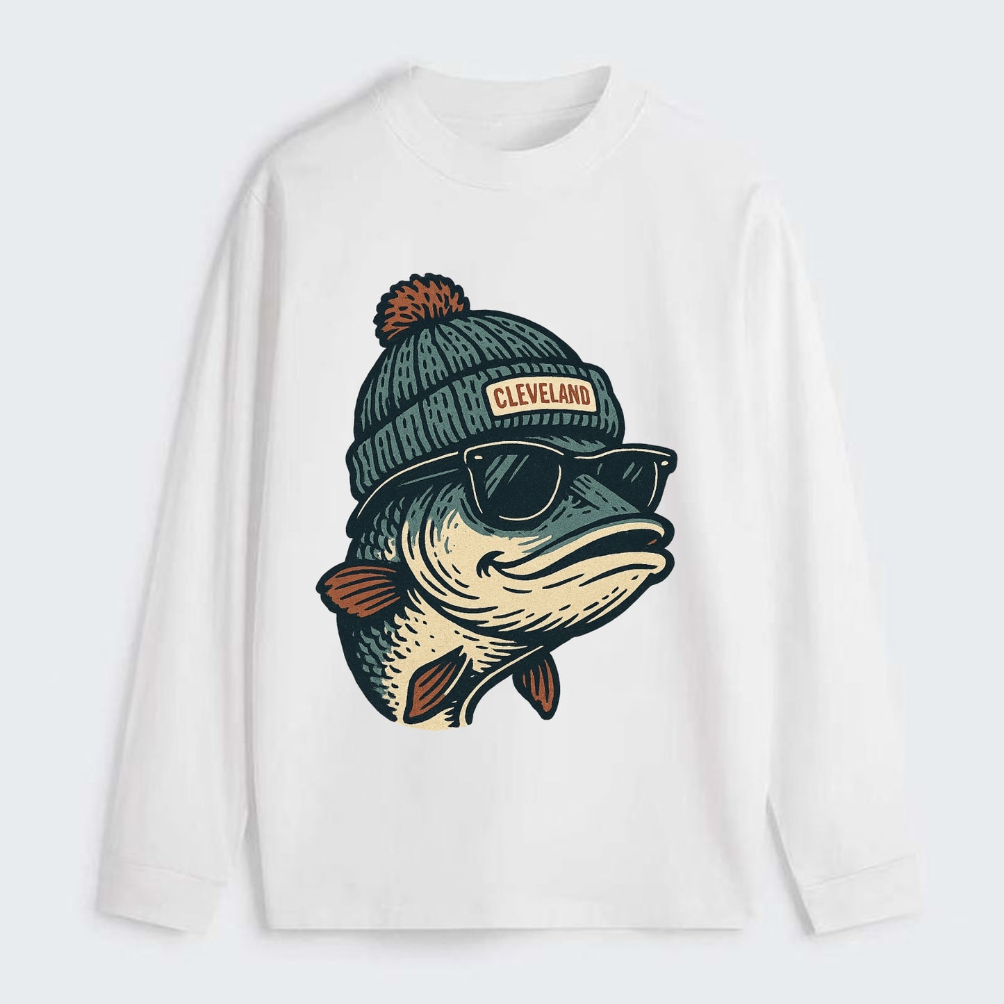 Cleveland Lake Erie Walleye wearing Cleveland beanie with pom pom and - Classic Long Sleeve Shirt - White