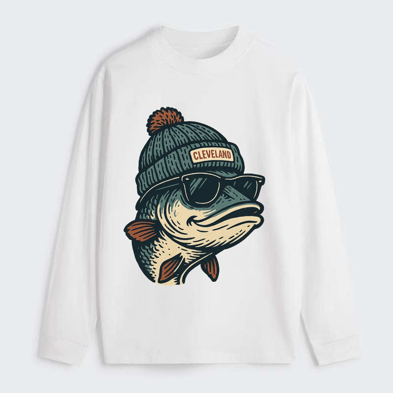 Cleveland Lake Erie Walleye wearing Cleveland beanie with pom pom and - Classic Long Sleeve Shirt - White