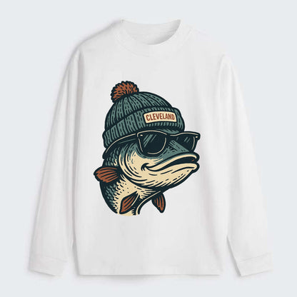Cleveland Lake Erie Walleye wearing Cleveland beanie with pom pom and - Classic Long Sleeve Shirt - White