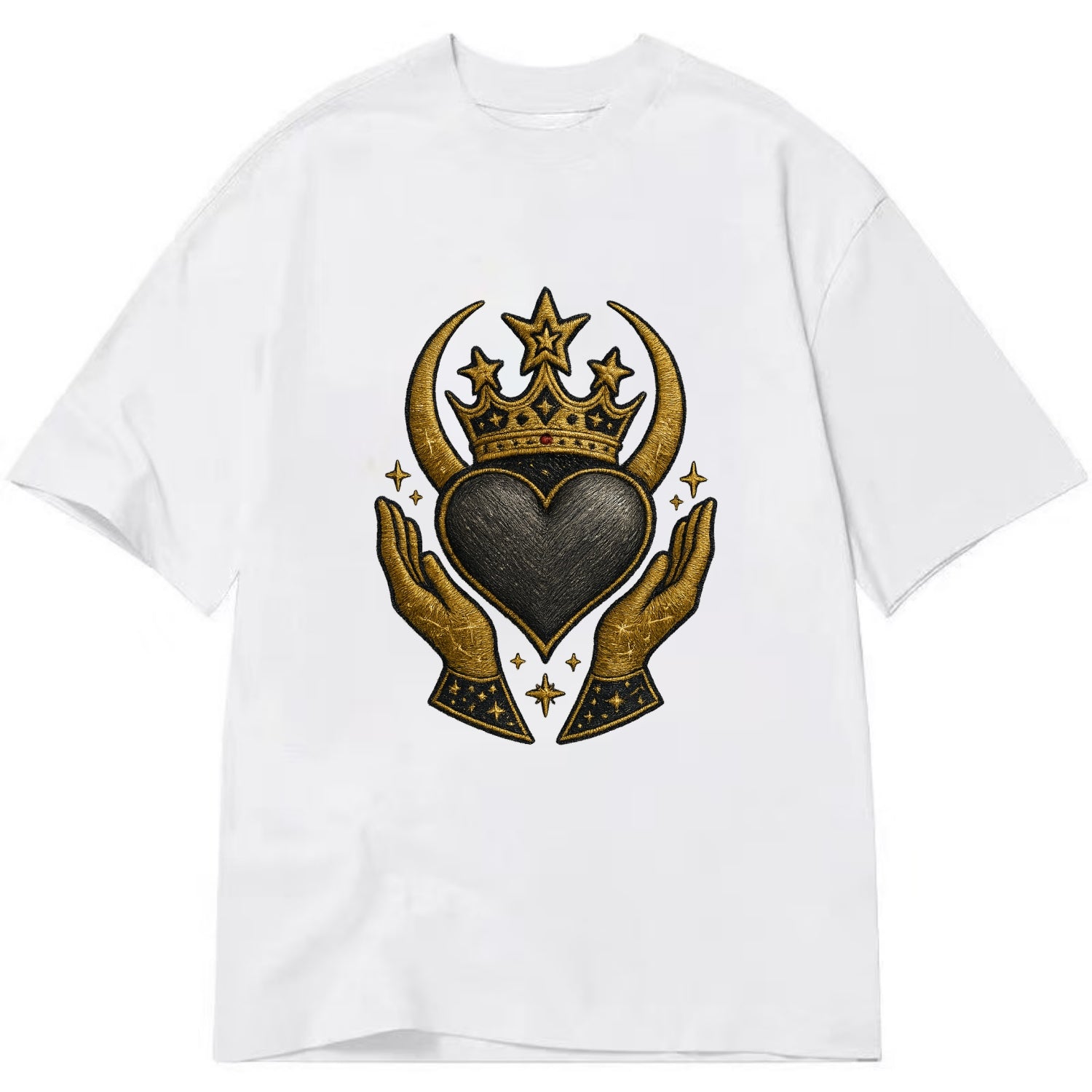 Celtic knot crown with woven strands merging into copper hands shielding a pewter - Classic T-shirt - White