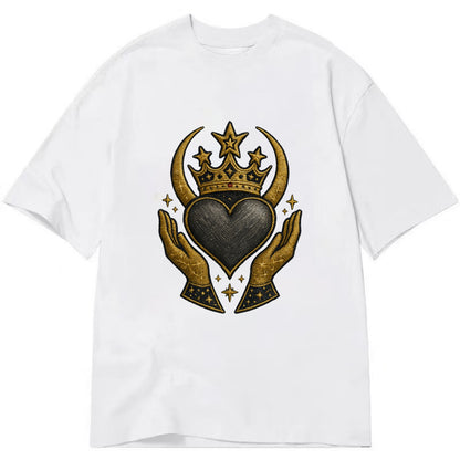 Celtic knot crown with woven strands merging into copper hands shielding a pewter - Classic T-shirt - White