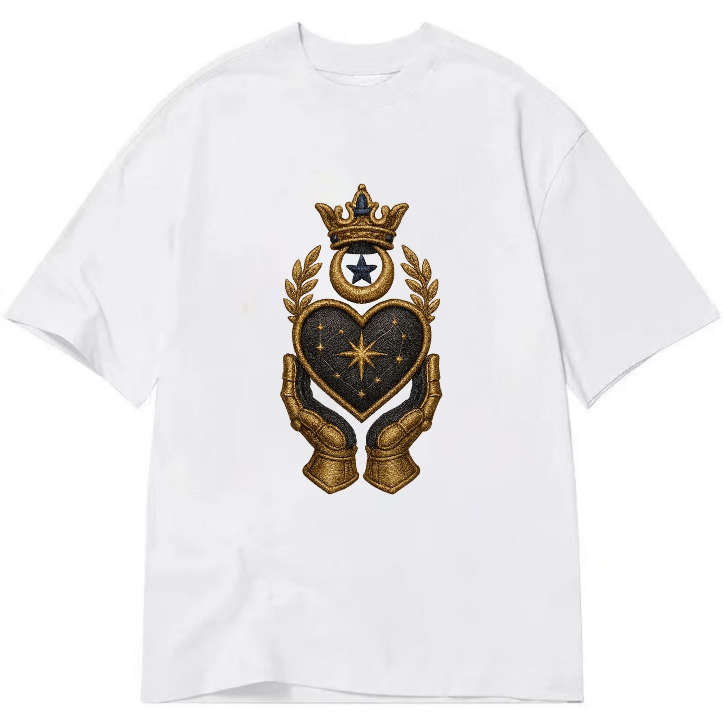 Crowned heart with Art Deco sunburst crown and geometric filigree hands cradling - Classic T-shirt - White