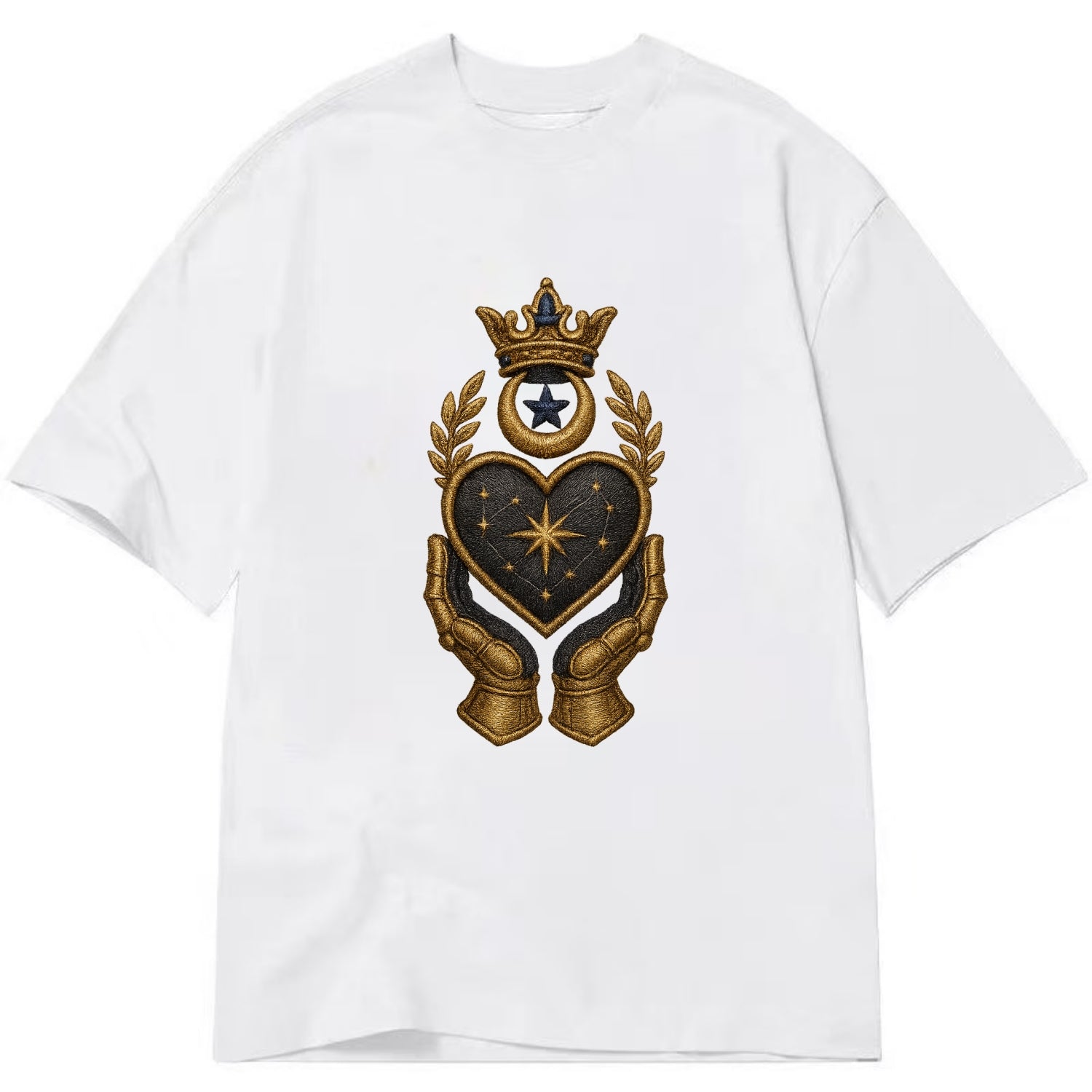 Crowned heart with Art Deco sunburst crown and geometric filigree hands cradling - Classic T-shirt - White