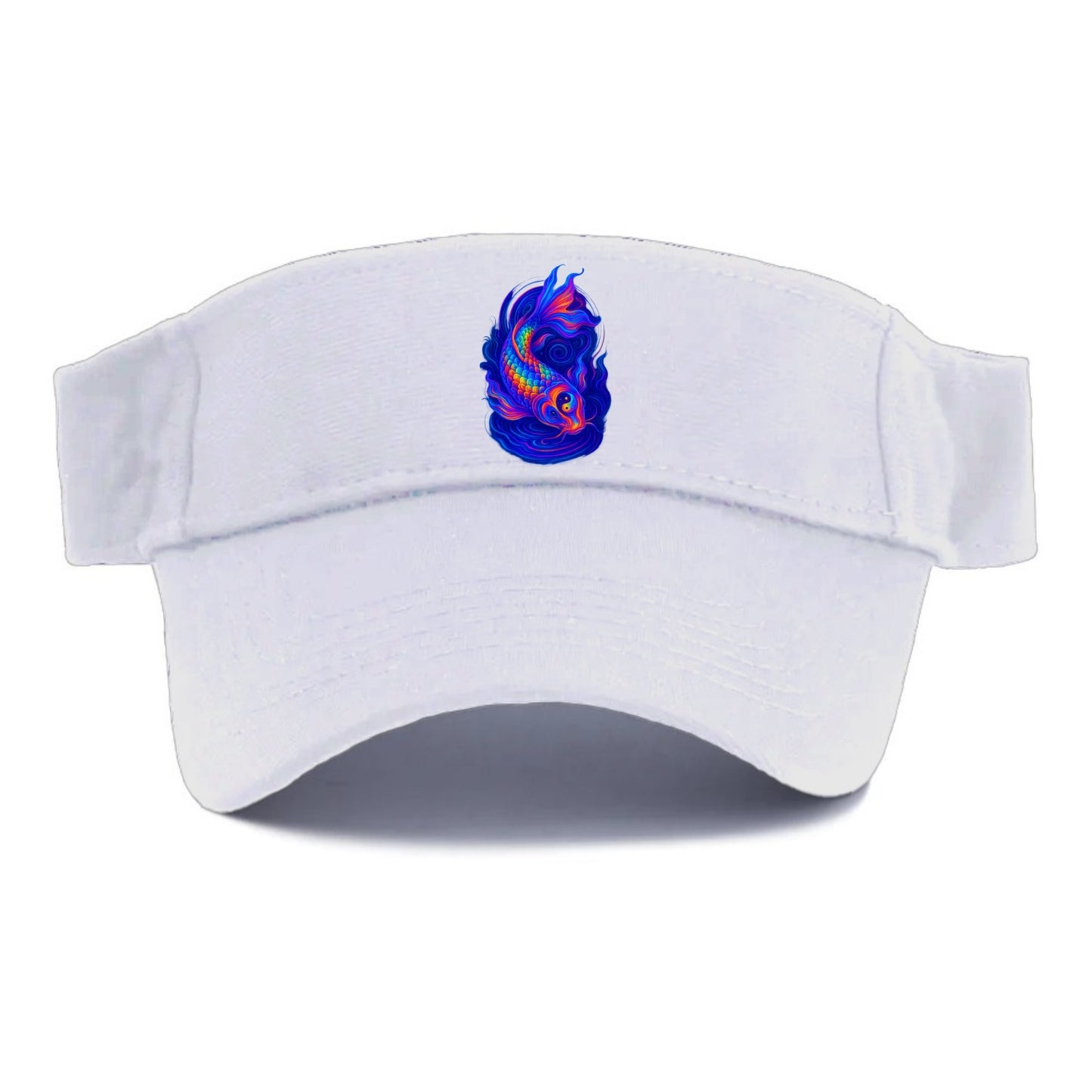 Sacred koi with scales reflecting rainbow prisms, yin-yang patterns in cosmic colors, - Visor - White