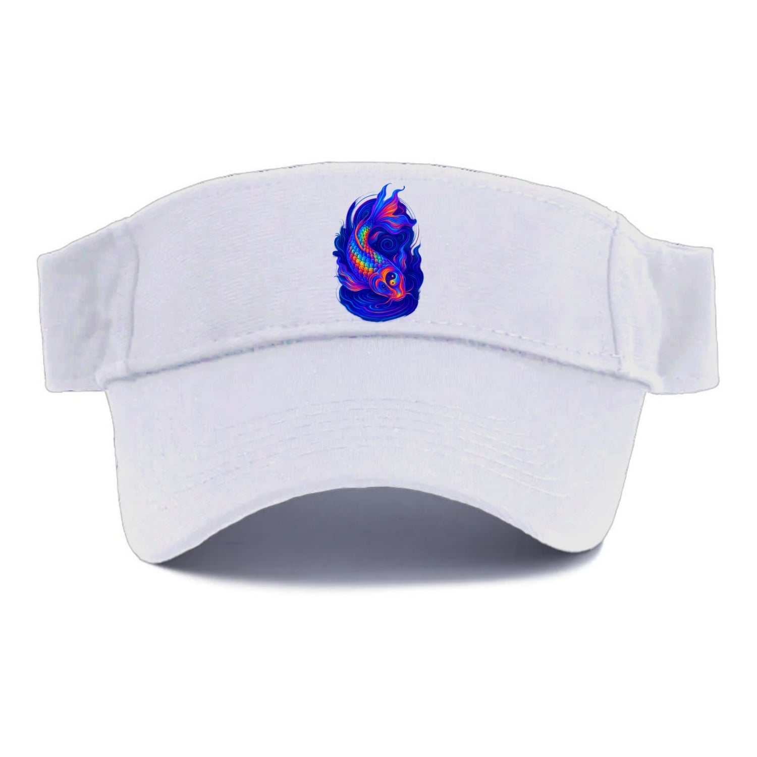 Sacred koi with scales reflecting rainbow prisms, yin-yang patterns in cosmic colors, - Visor - White