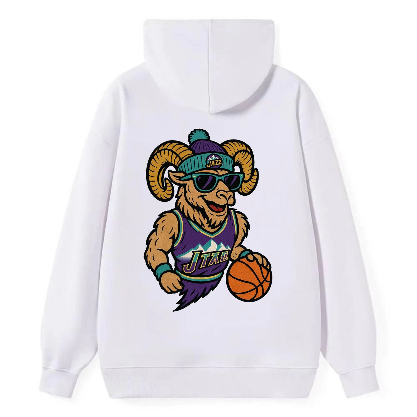 Utah Bighorn wearing Jazz beanie with mountain melody patch and wayfarer - Classic Pullover Hoodie - White