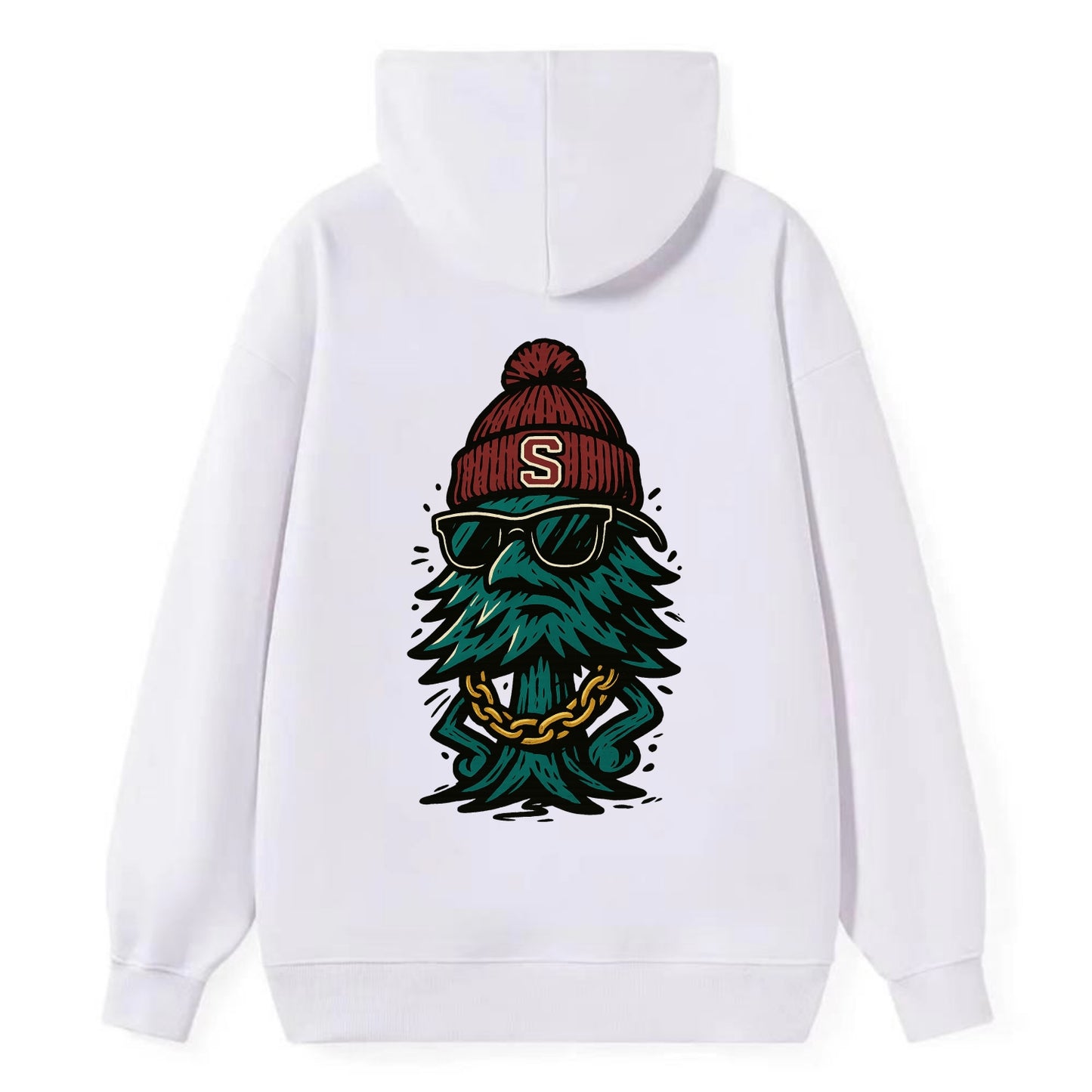 Palo Alto Tree wearing Stanford beanie with S patch - Classic Pullover Hoodie - White