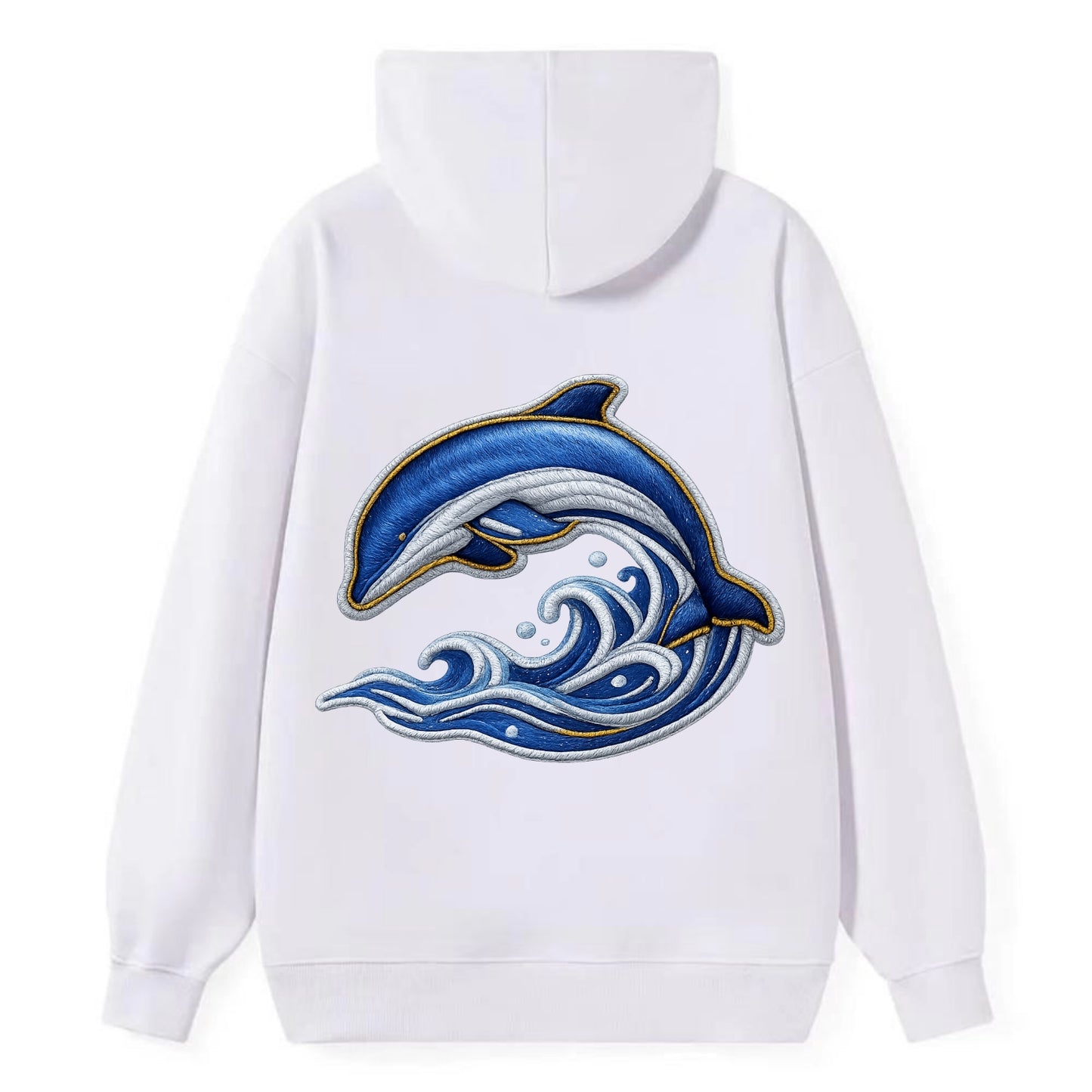 Embroidered patch design - SWIMMING DOLPHIN - diving dolphin with waves - Classic Pullover Hoodie - White