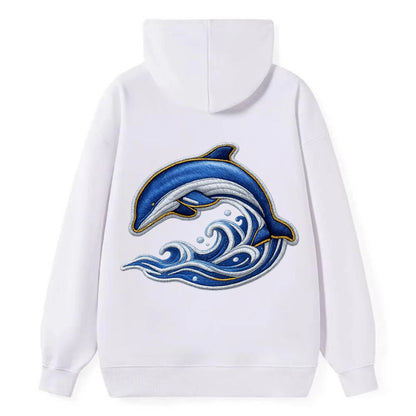 Embroidered patch design - SWIMMING DOLPHIN - diving dolphin with waves - Classic Pullover Hoodie - White