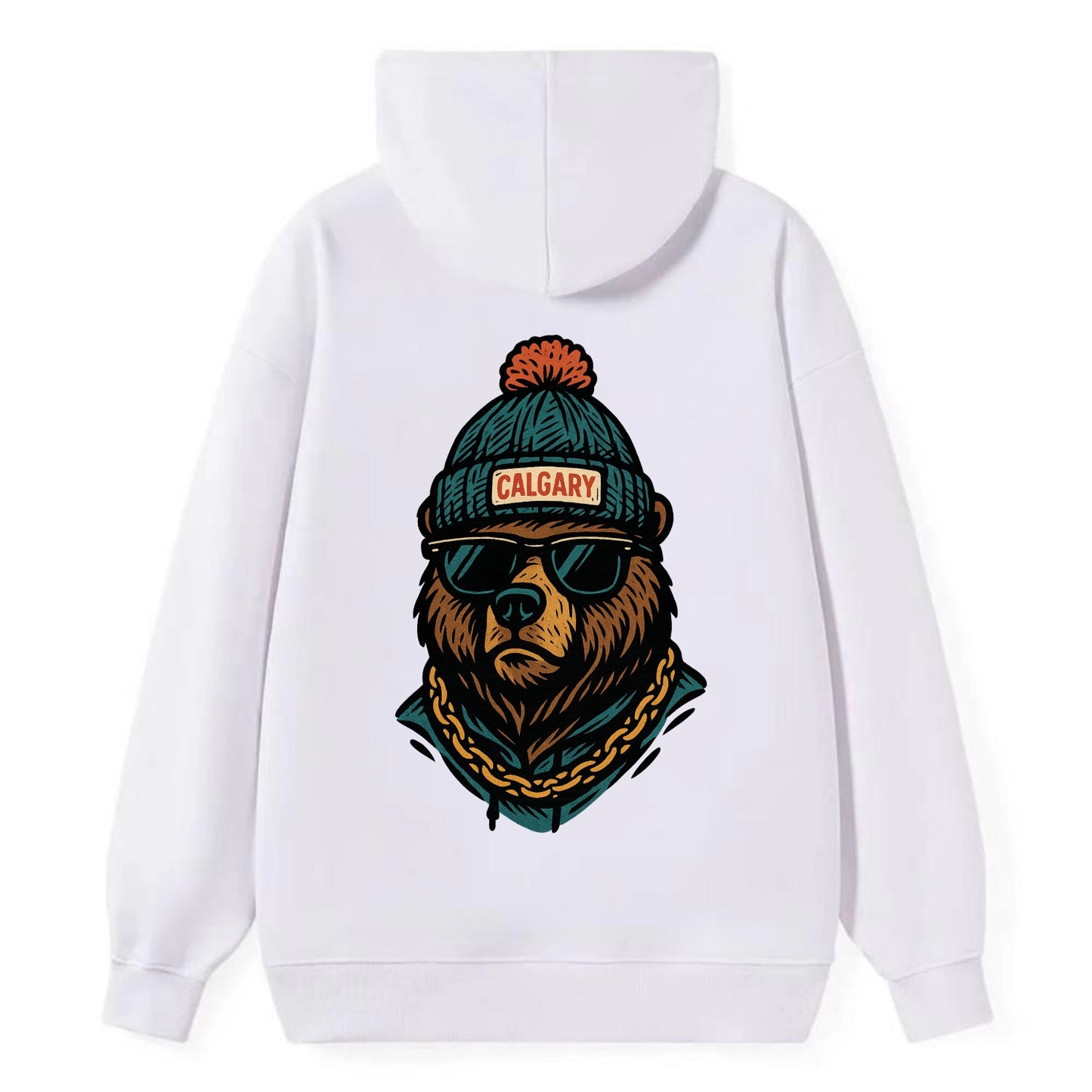 Calgary Grizzly Bear wearing Calgary beanie with pom pom and wayfarer - Classic Pullover Hoodie - White