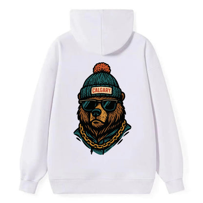 Calgary Grizzly Bear wearing Calgary beanie with pom pom and wayfarer - Classic Pullover Hoodie - White