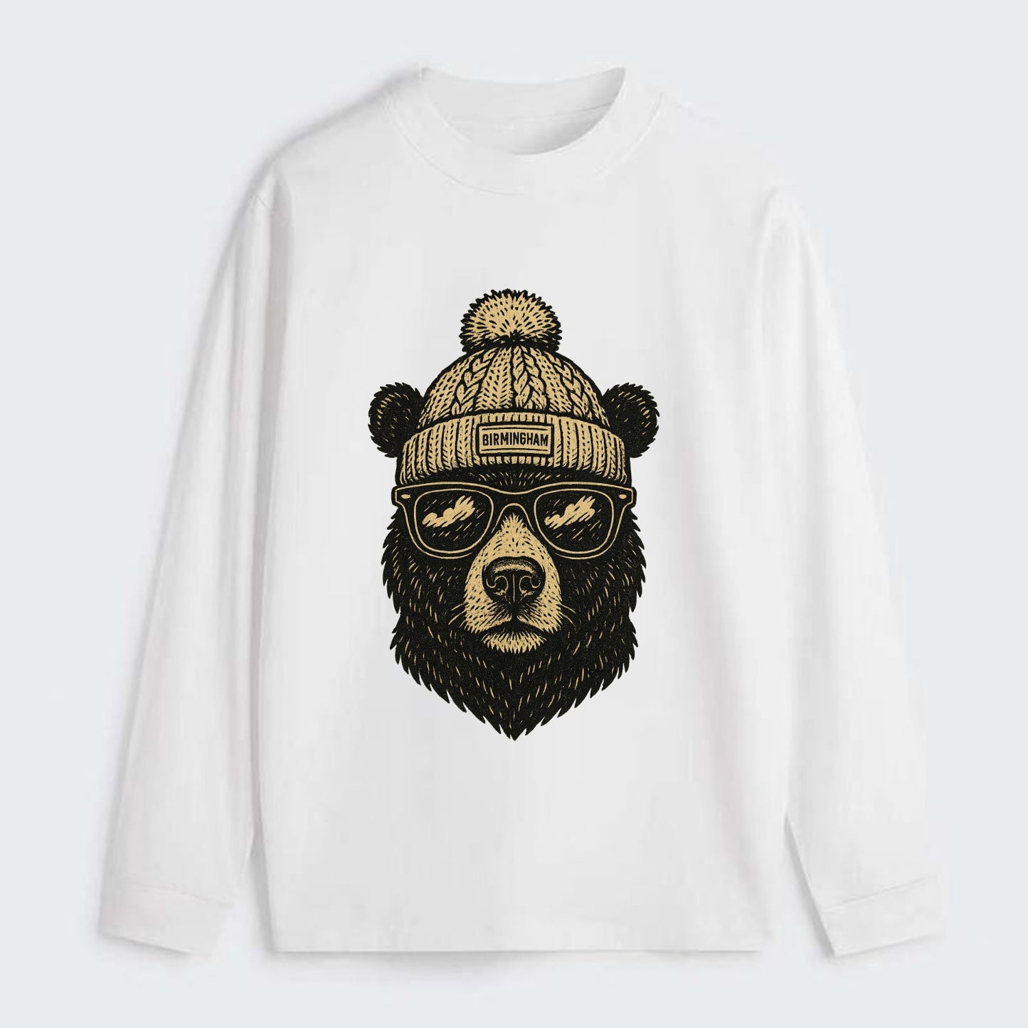 Alabama Black Bear wearing Birmingham beanie with pom pom and wayfarer - Classic Long Sleeve Shirt - White
