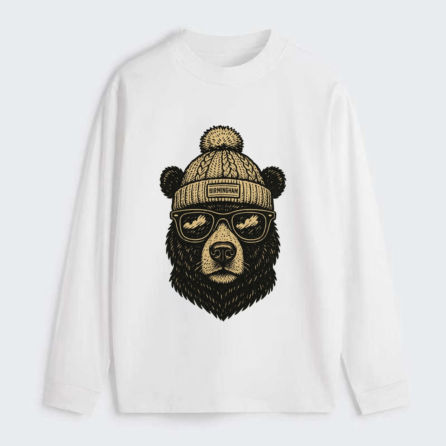 Alabama Black Bear wearing Birmingham beanie with pom pom and wayfarer - Classic Long Sleeve Shirt - White