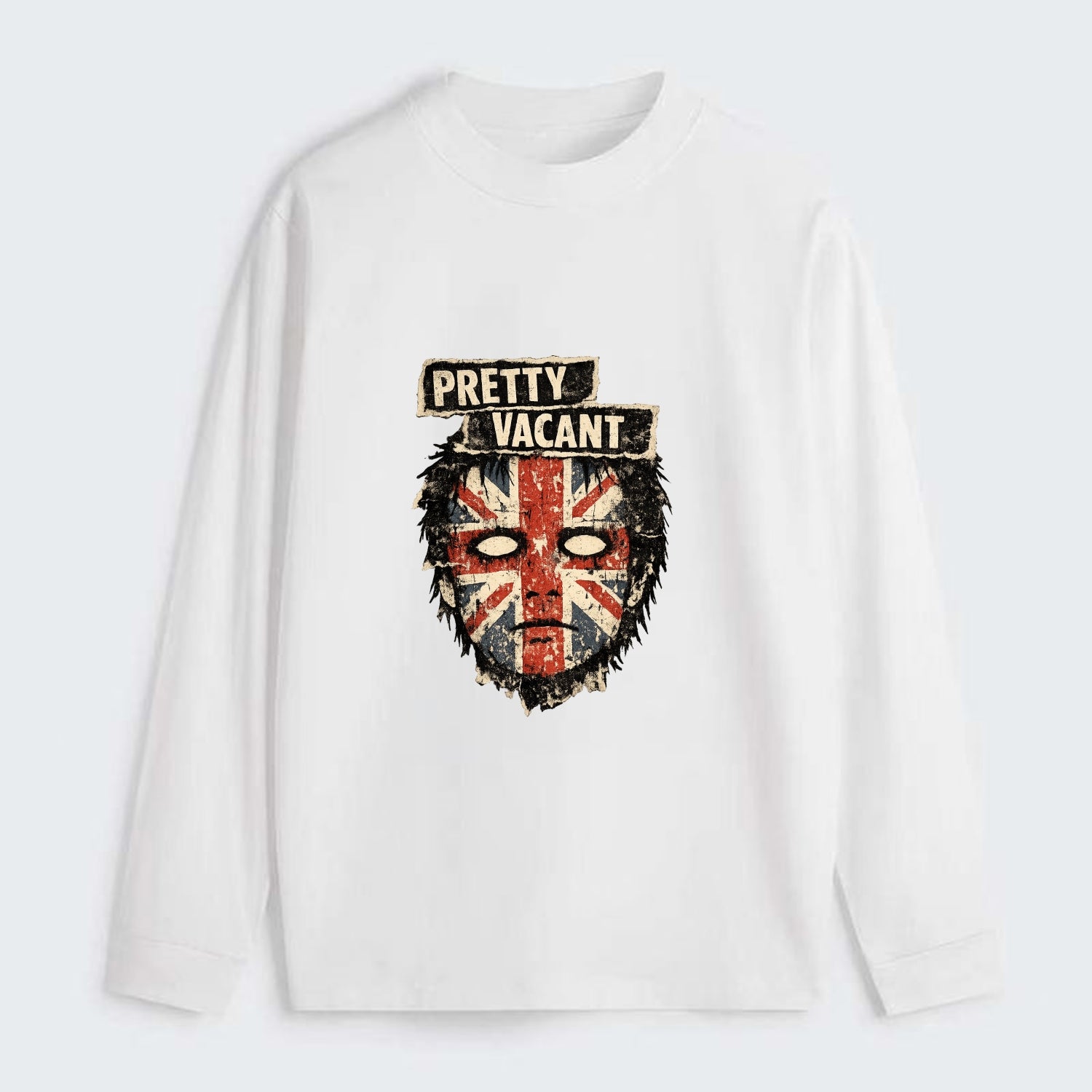 PRETTY VACANT | Blank stare Union Jack face | Empty expression | Punk - Classic Long Sleeve Shirt - White