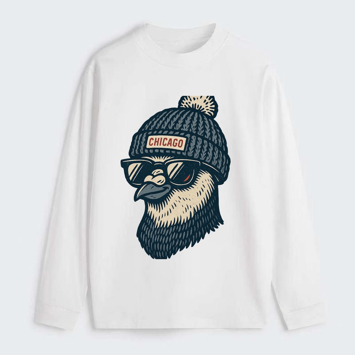 Chicago Pigeon wearing Chicago beanie with pom pom and wayfarer - Classic Long Sleeve Shirt - White