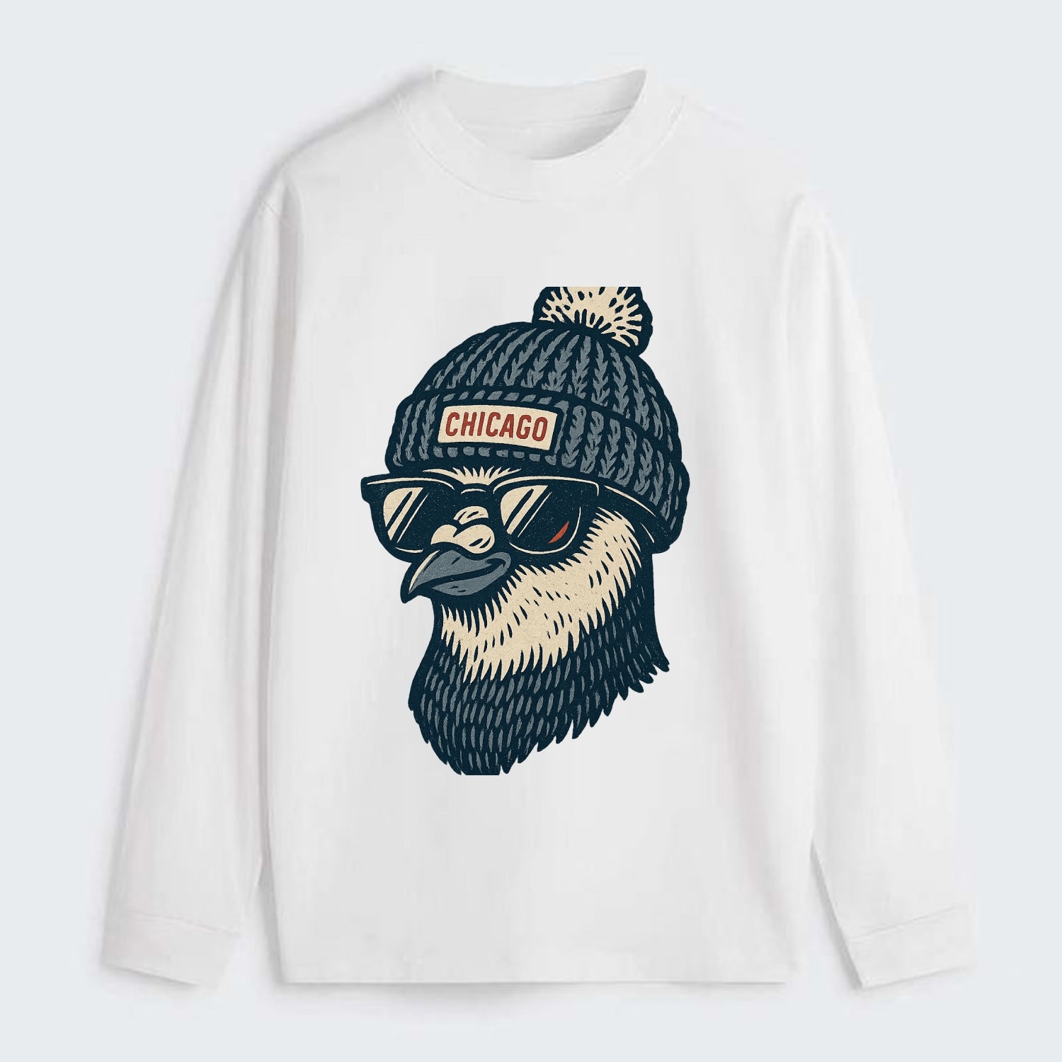 Chicago Pigeon wearing Chicago beanie with pom pom and wayfarer - Classic Long Sleeve Shirt - White