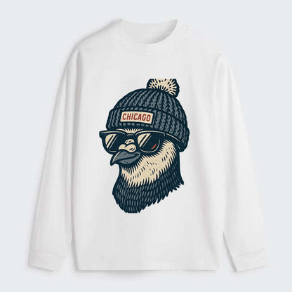 Chicago Pigeon wearing Chicago beanie with pom pom and wayfarer - Classic Long Sleeve Shirt - White