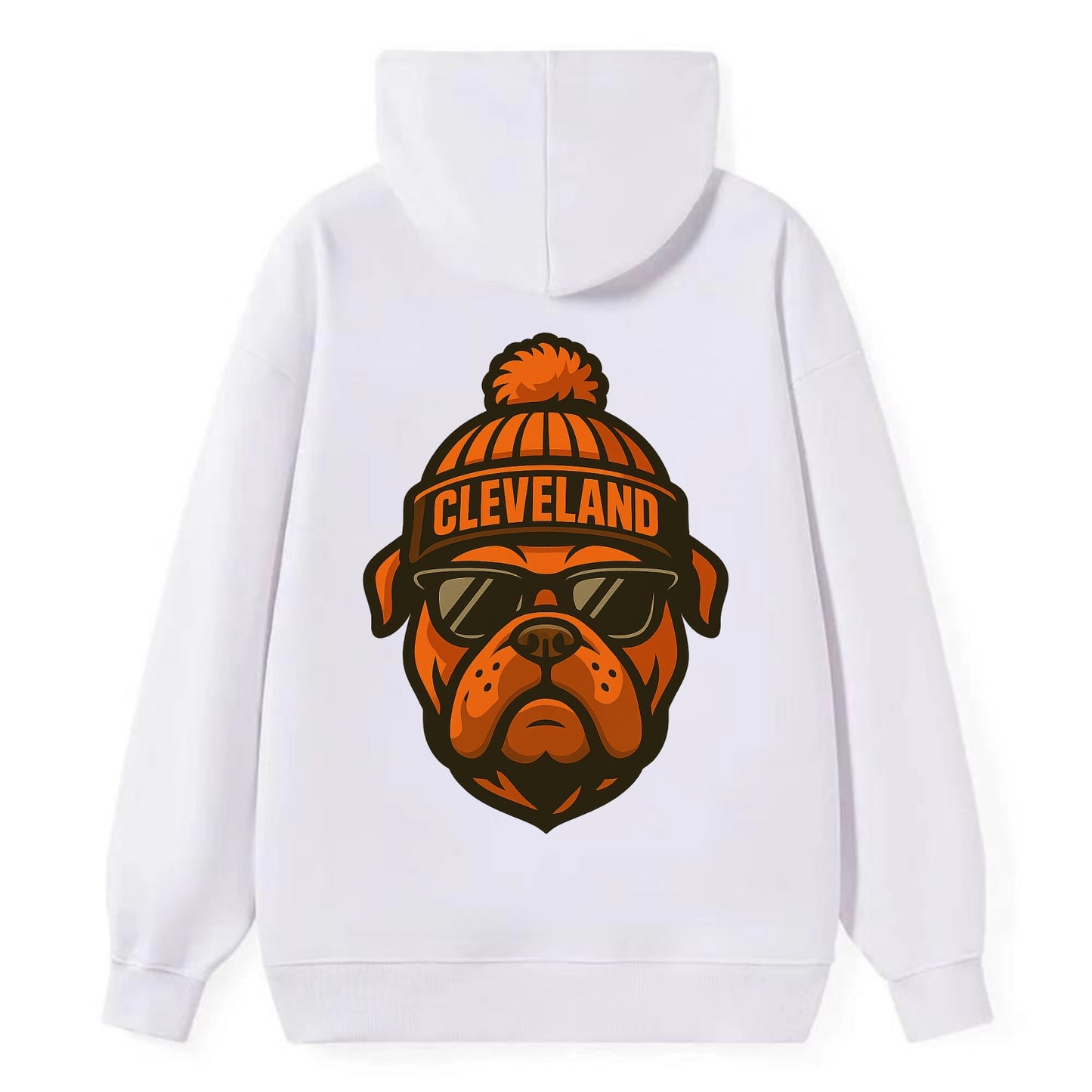 Cleveland Bulldog wearing Browns orange and brown beanie with pom pom and - Classic Pullover Hoodie - White