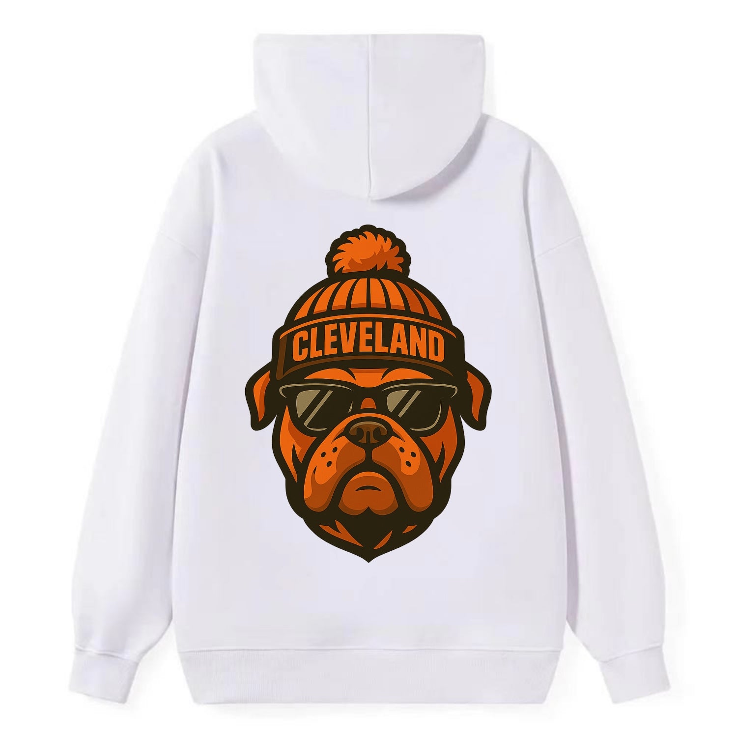 Cleveland Bulldog wearing Browns orange and brown beanie with pom pom and - Classic Pullover Hoodie - White
