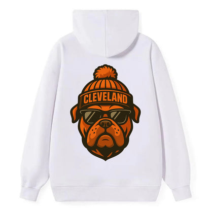 Cleveland Bulldog wearing Browns orange and brown beanie with pom pom and - Classic Pullover Hoodie - White
