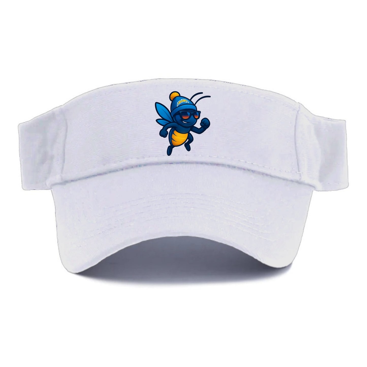 LA Lightning Bug wearing Chargers powder blue and gold beanie with pom pom and wayfarer - Visor - White
