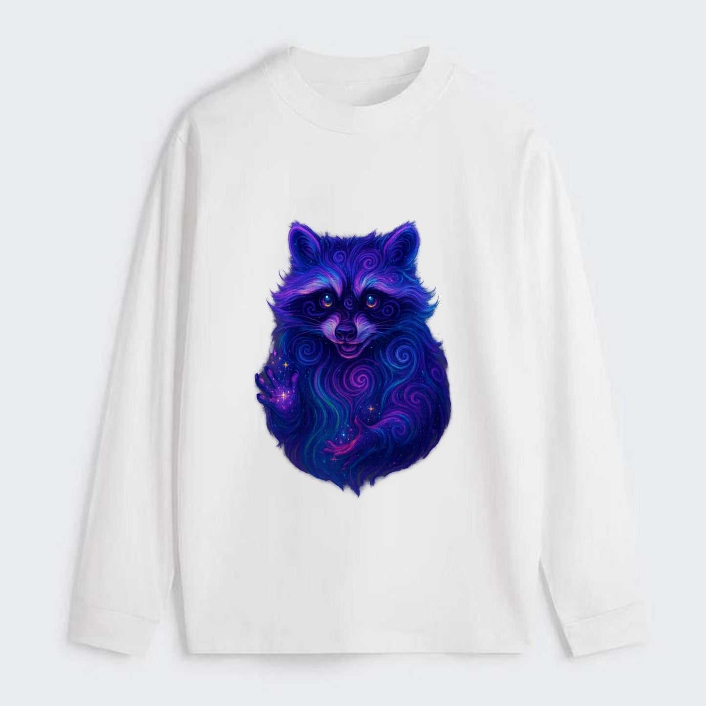 Playful raccoon with mask swirling in hypnotic patterns, neon purple - Classic Long Sleeve Shirt - White