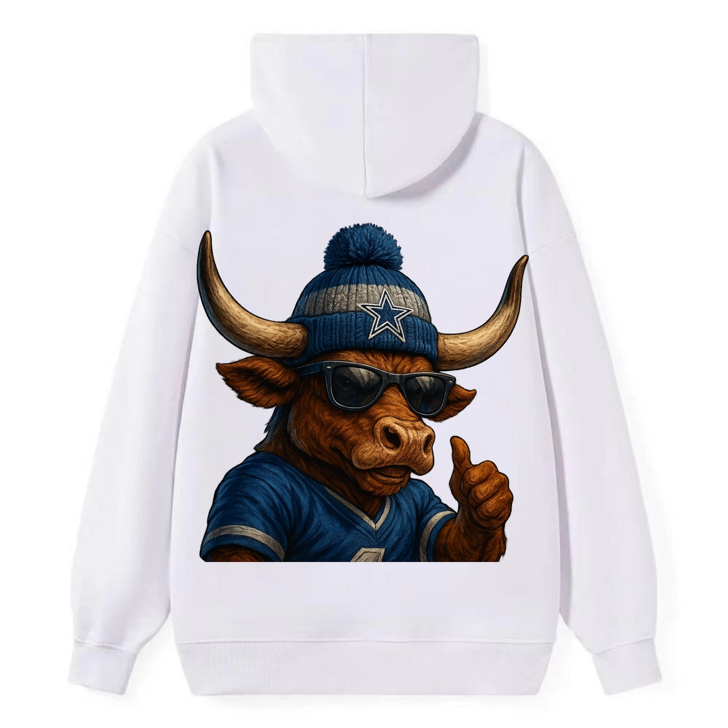 Texas Longhorn wearing Cowboys silver and blue beanie with star and - Classic Pullover Hoodie - White