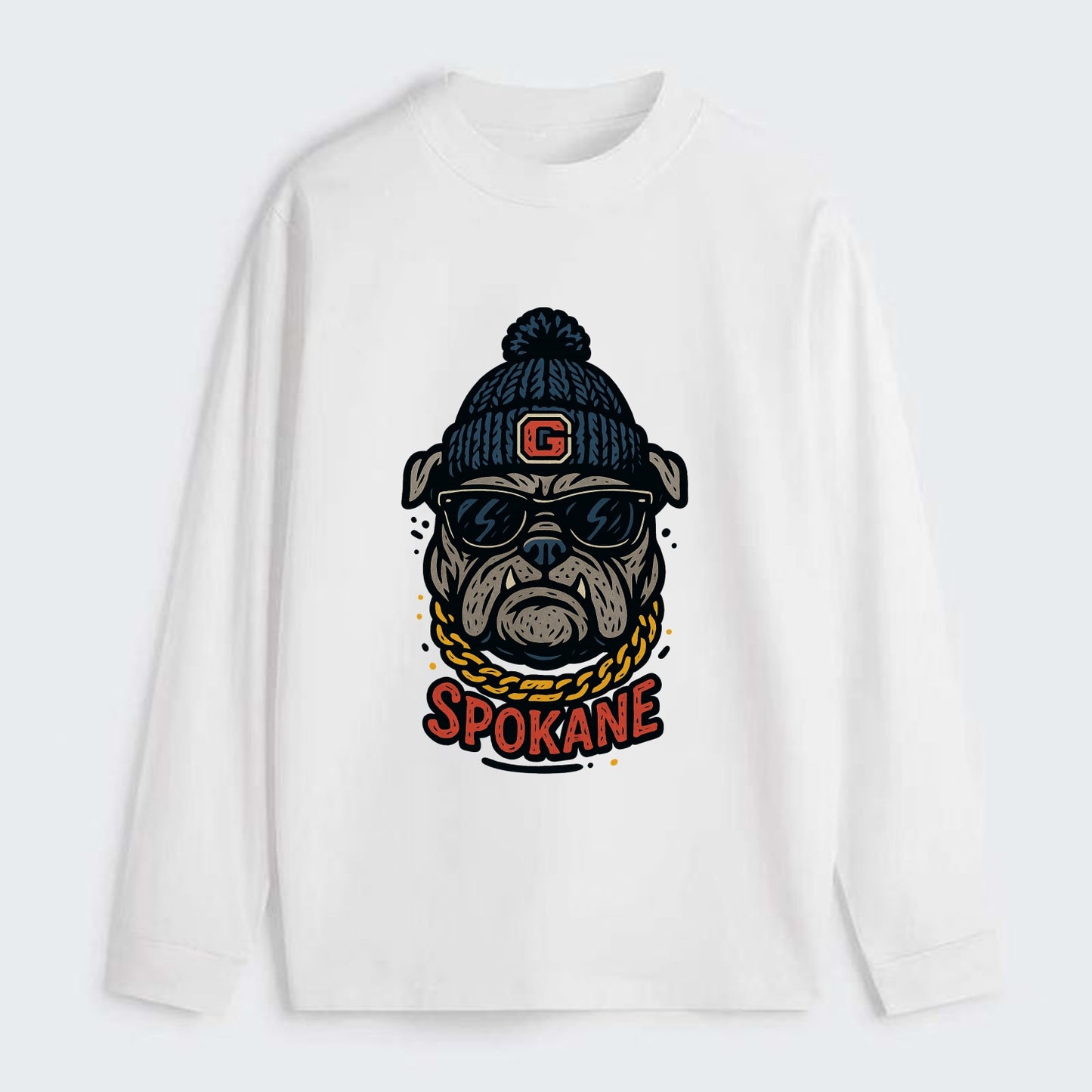 Spokane Bulldog wearing Gonzaga beanie with G patch - Classic Long Sleeve Shirt - White