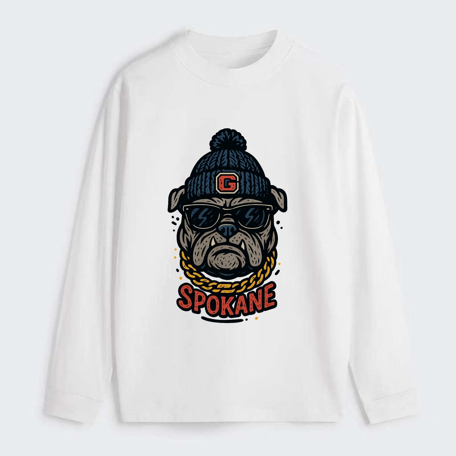 Spokane Bulldog wearing Gonzaga beanie with G patch - Classic Long Sleeve Shirt - White
